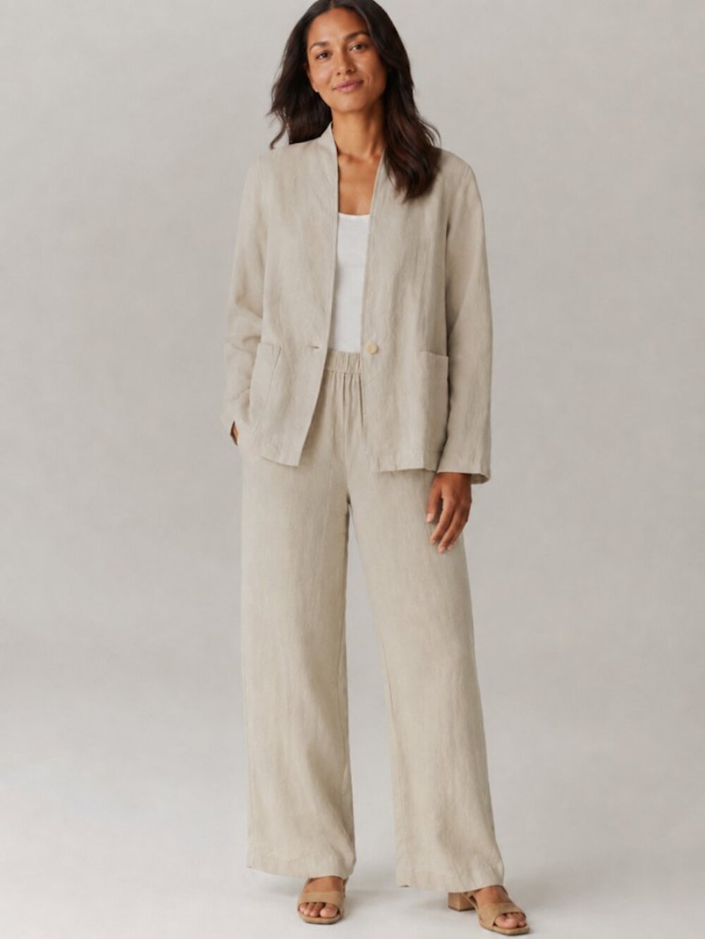 Eileen Fisher Organic Linen High Collar Jacket Blazer Undyed Natural XL